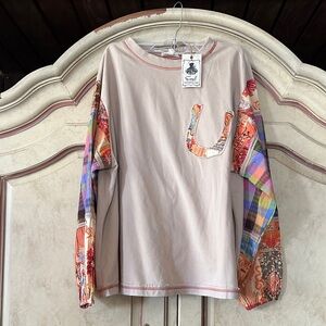 NWT easel Cream Long-Sleeve Tee with Multicolor Patchwork Sleeves